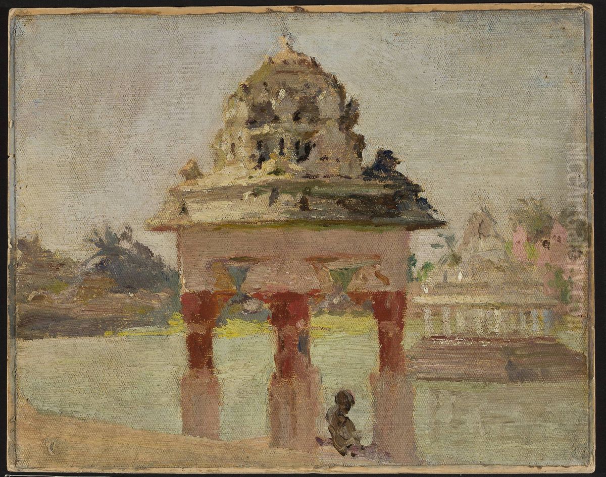 Madras - temple with the holy pond. From the journey to India Oil Painting by Jan Ciaglinski