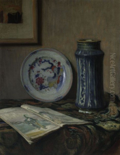 Still life with ceramics (Still life with a blue vase) Oil Painting by Jozef Pankiewicz