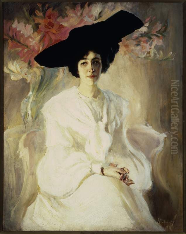 Wife's portrait Oil Painting by Kazimierz Stabrowski