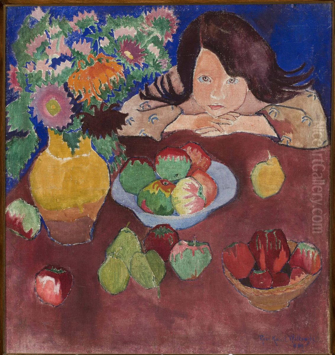 Little girl at a table with fruit Oil Painting by Romuald Kamil Witkowski