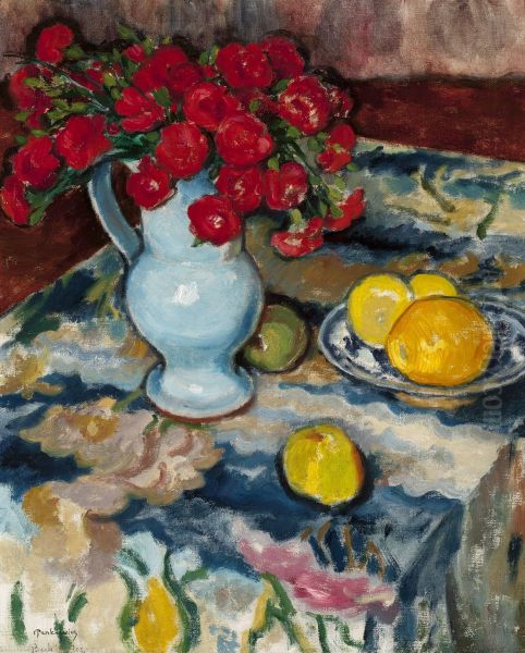 Red carnations (Still life with a blue vase) Oil Painting by Jozef Pankiewicz