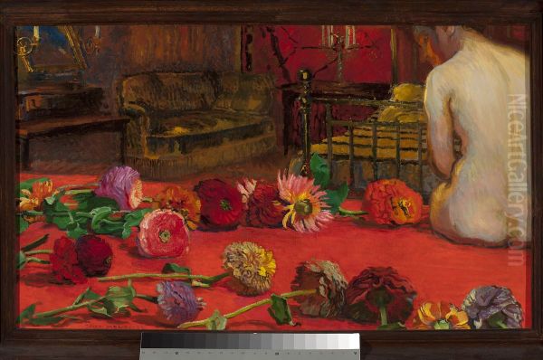 Zinnias Oil Painting by Jozef Mehoffer