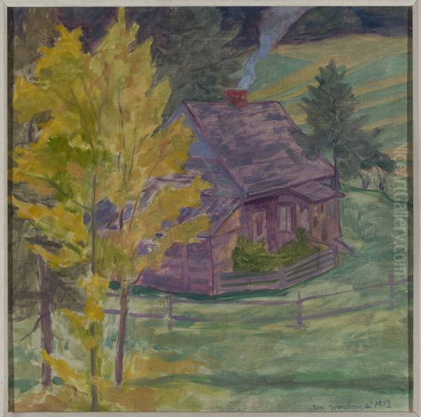 Landscape with a house among trees Oil Painting by Jan Rembowski