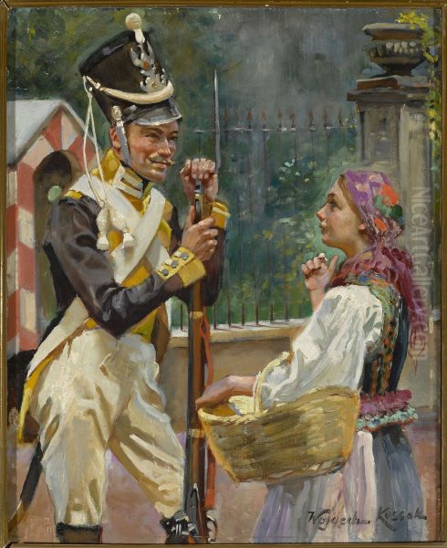 A Soldier and a Girl - in front of the Belvedere Oil Painting by Wojciech Kossak
