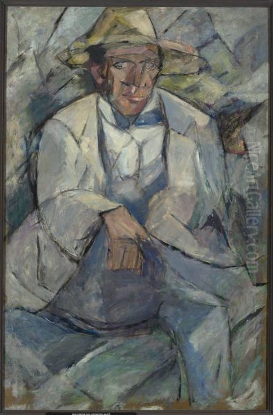 Portrait of a man in a white hat Oil Painting by Tadeusz Makowski
