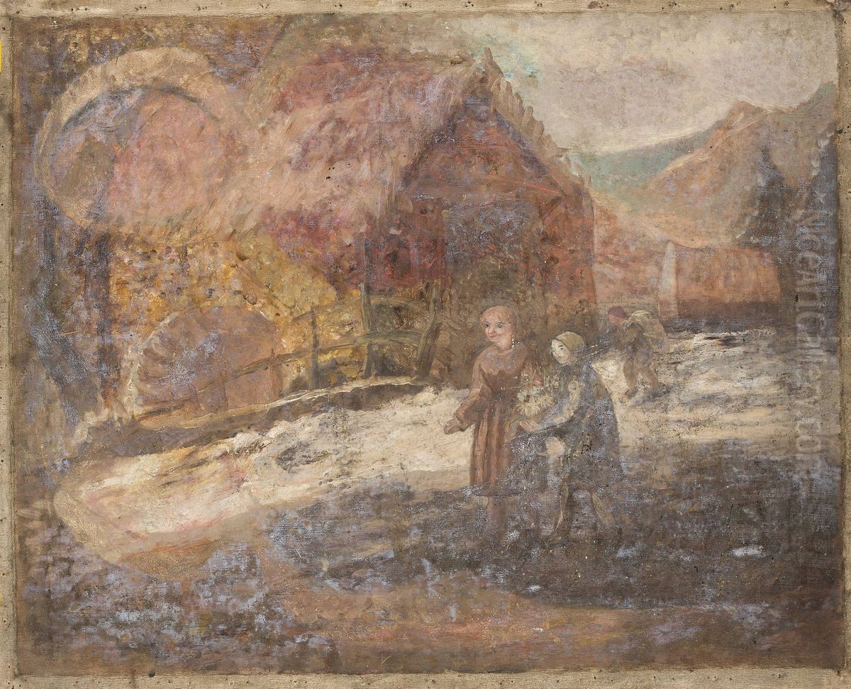 Two little girls against the background of a landscape Oil Painting by Tadeusz Makowski