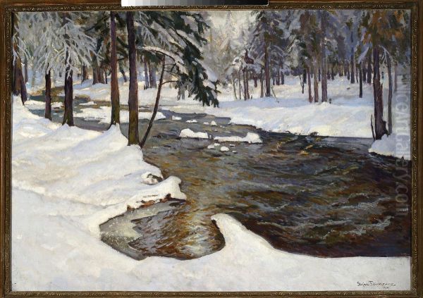 Forest stream in winter Oil Painting by Stefan Filipkiewicz