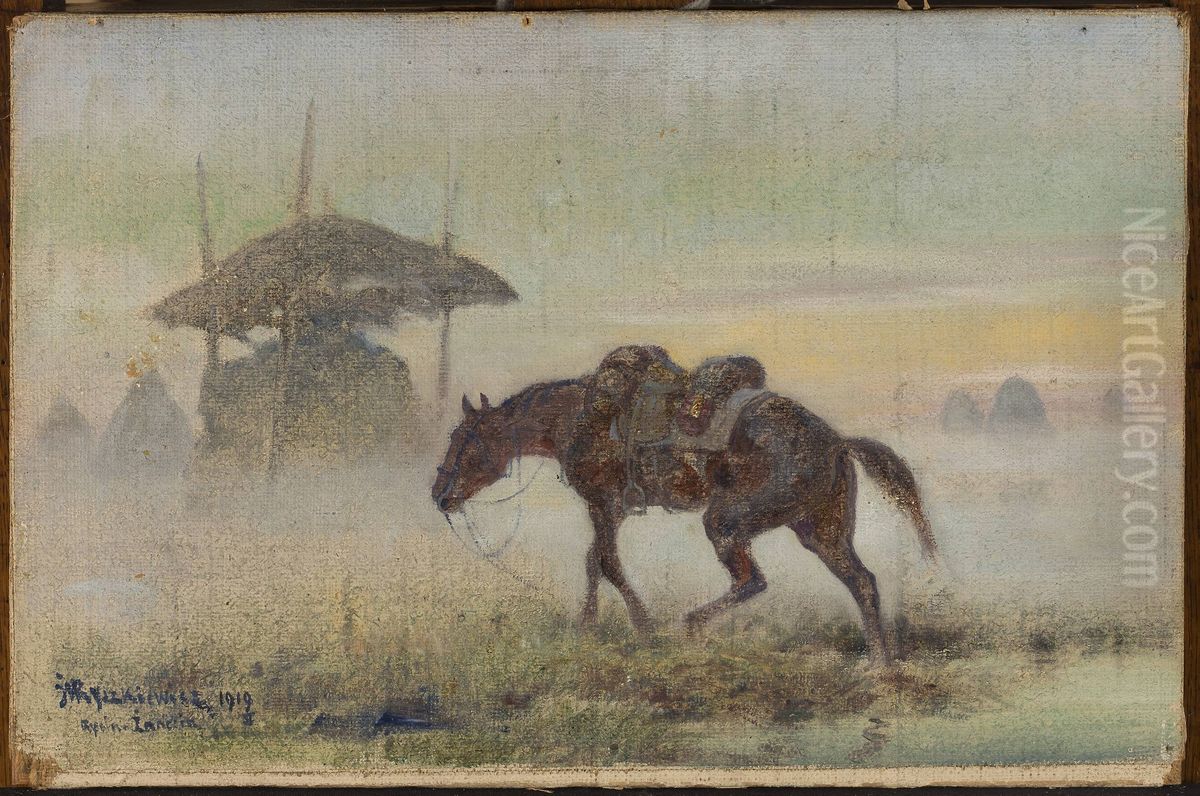 Saddled horse Oil Painting by Jozef Ryszkiewicz