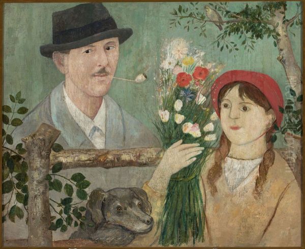 Idyll beside a fence (Self-portrait, girl with flowers and dog) Oil Painting by Tadeusz Makowski