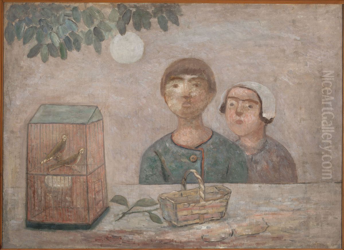 Children in front of a cage with little birds Oil Painting by Tadeusz Makowski