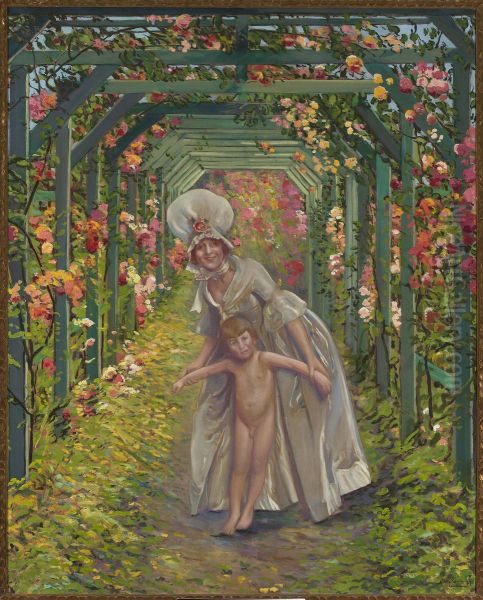 Woman with a nude boy - Summer Oil Painting by Leon Kaufmann