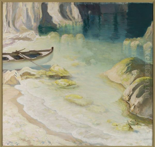 Boat at rocky coast Oil Painting by Kazimierz Stabrowski
