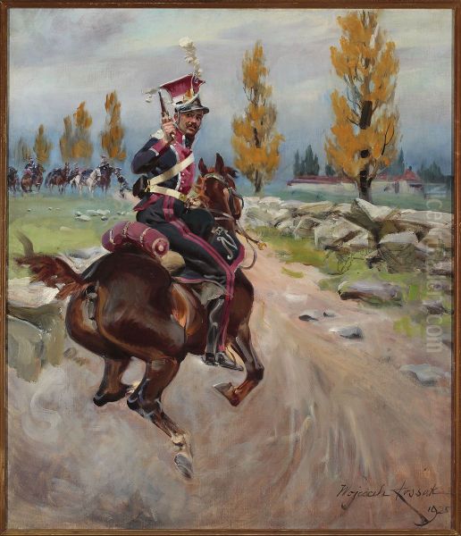 Light cavalryman on reconnaissance Oil Painting by Wojciech Kossak