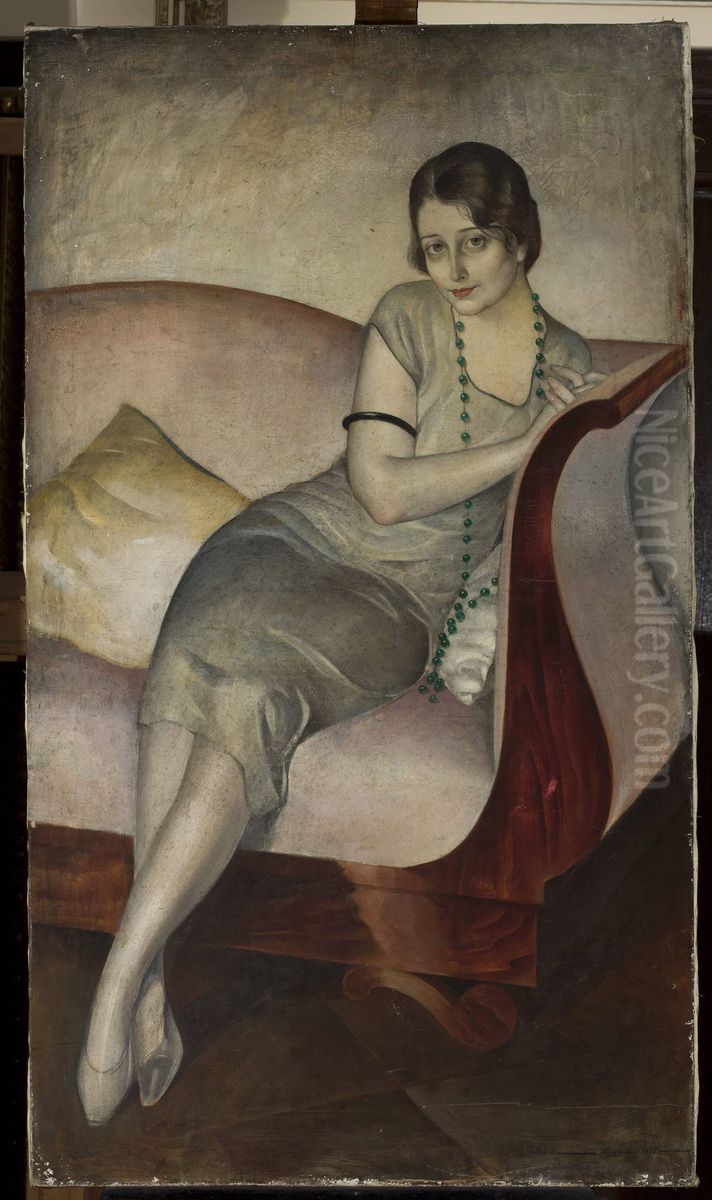 Portrait of a lady on a couch Oil Painting by Jan Rudnicki