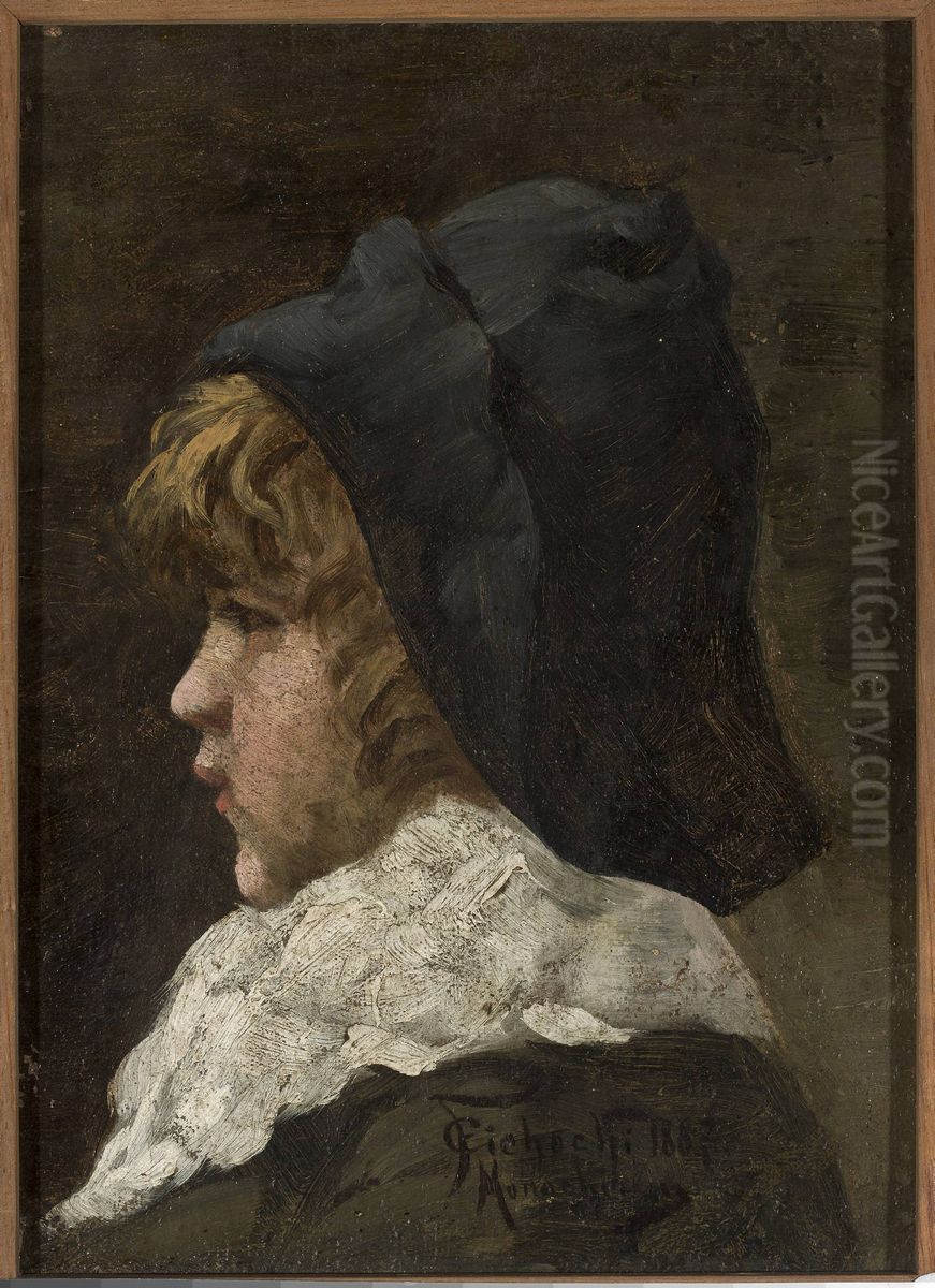 Portrait of a boy in a hat Oil Painting by Feliks Cichocki