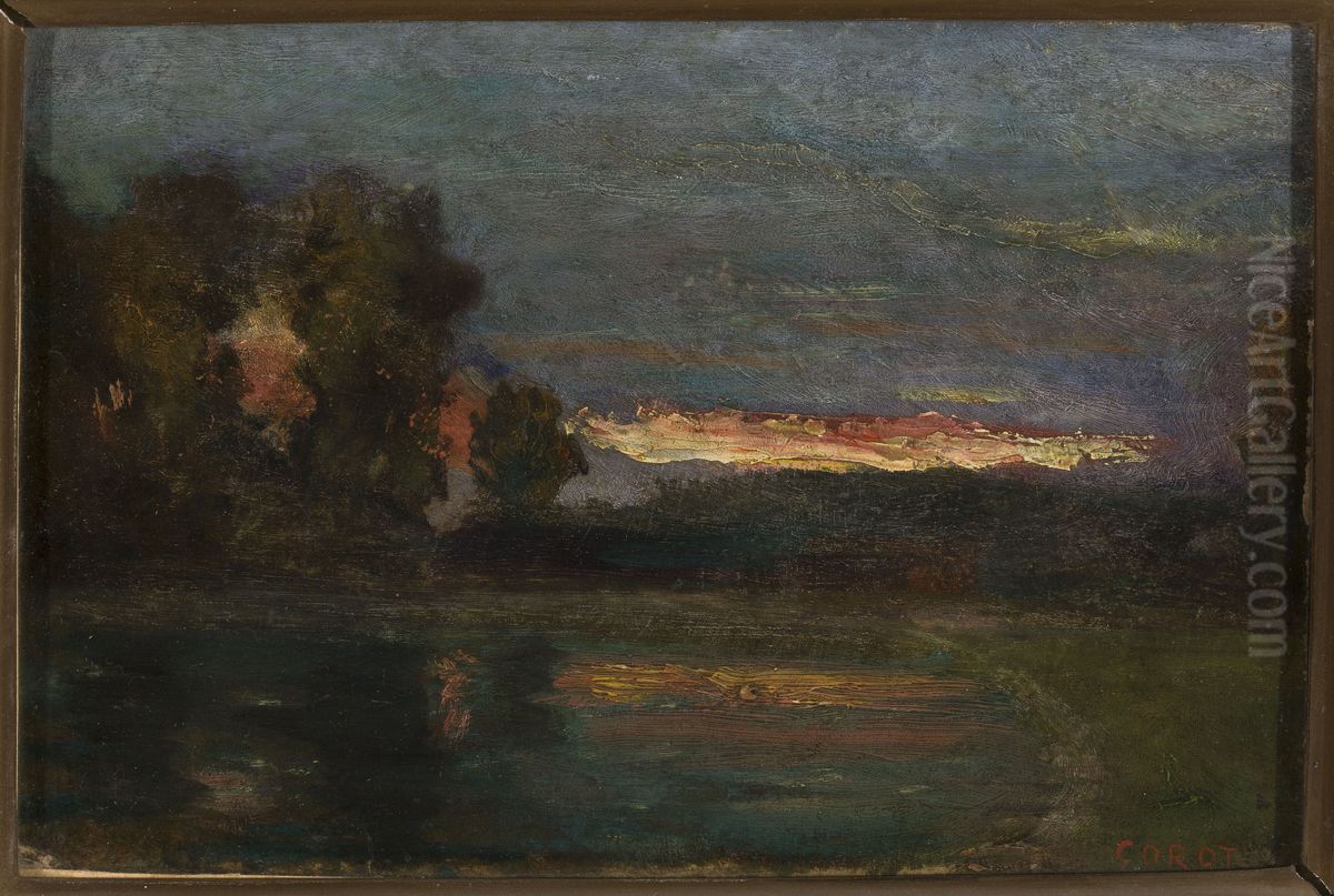 Landscape - Dusk at the waterside Oil Painting by Jean-Baptiste Camille Corot