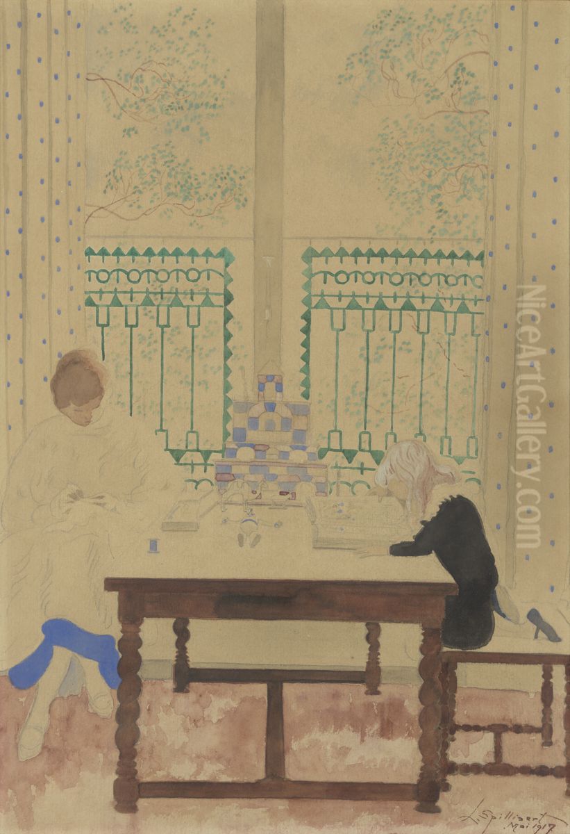 Vrouw met kind lezend aan tafel Oil Painting by Leon Spilliaert