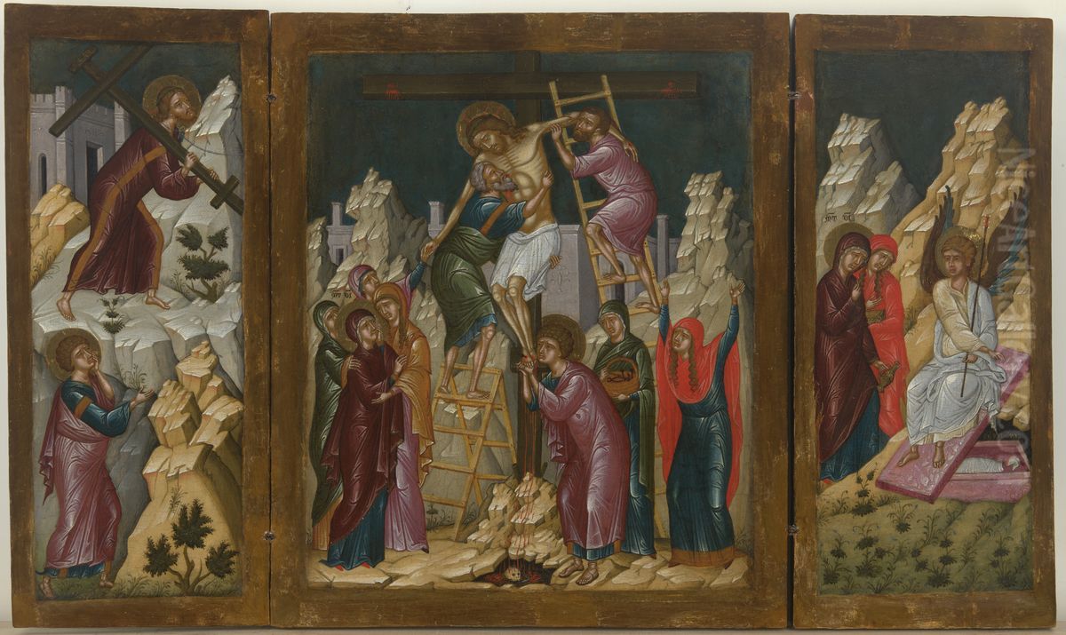 Tryptyk bizantynski ze Zdjeciem z krzyza w czesci srodkowej i scenami pasyjnymi na skrzydlach bocznych Oil Painting by unknown