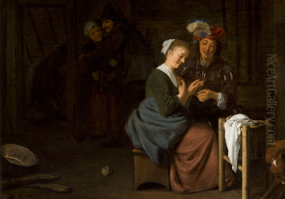 Genre Scene (Couple in the Interior) Oil Painting by Ludolf de Jongh