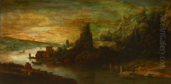 Krajobraz z baszta nad jeziorem Oil Painting by unknown