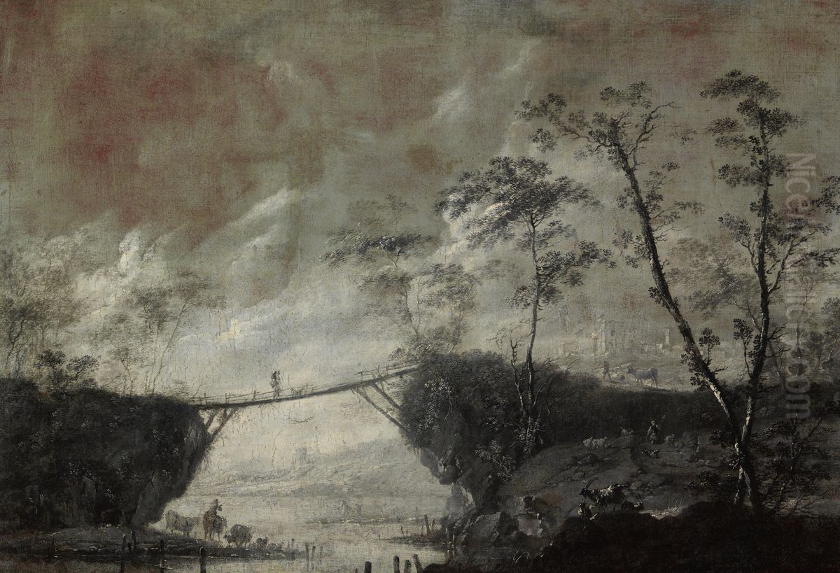 Landscape with a Bridge (Monochromatic) Oil Painting by Cornelis de Bie