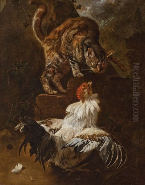 Walka koguta z kotem Oil Painting by Jacomo Victors