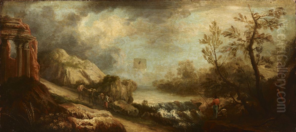 Krajobraz z rzeka i ruinami swiatyni Oil Painting by unknown