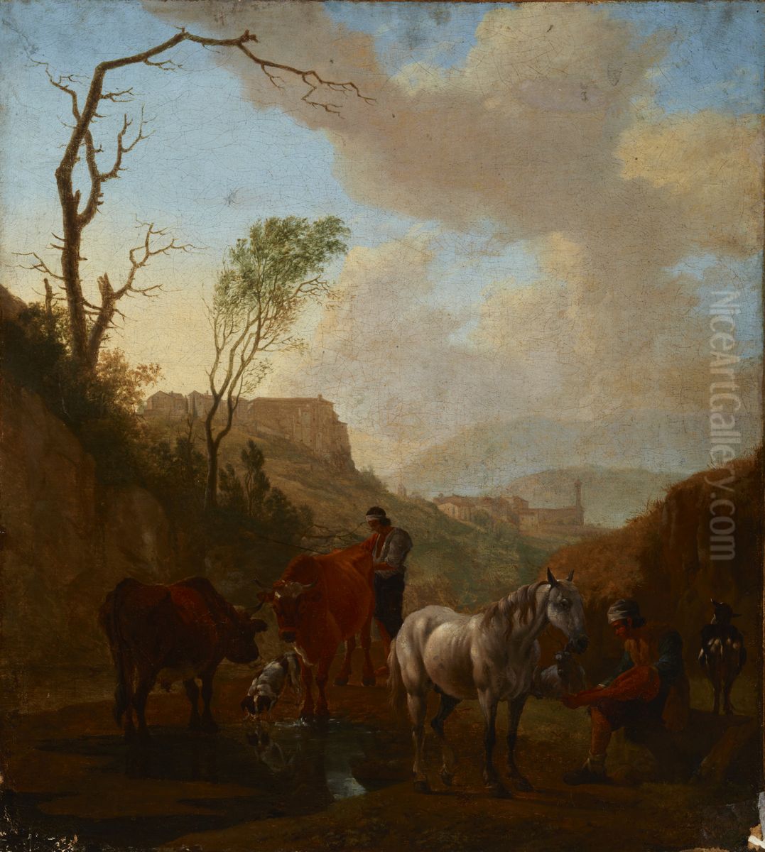 Landscape with Shepherds and Cattle at the Watering Place Oil Painting by unknown