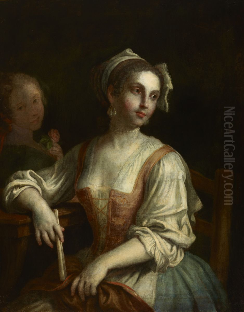 Kobieta z wachlarzem i kobieta z roza Oil Painting by Pietro Rotari
