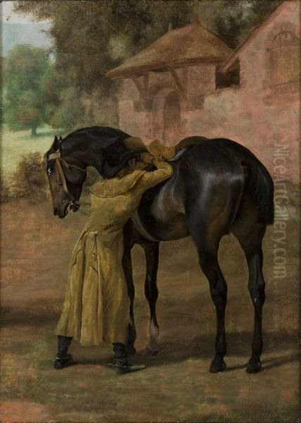 Stableman Saddling a Horse Oil Painting by Henryk Zabiello