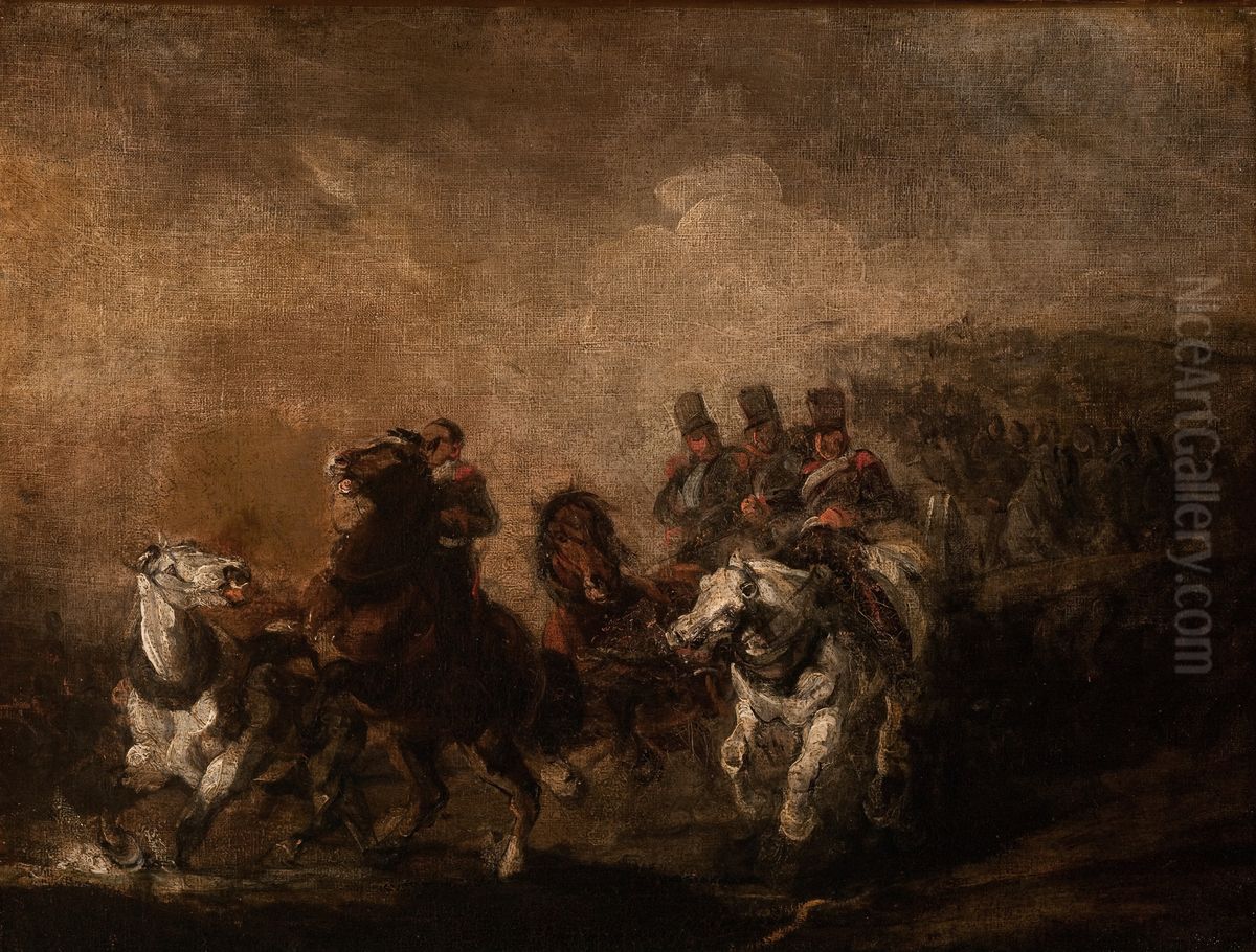 Artillery Crossing a Stream Oil Painting by Piotr Michalowski