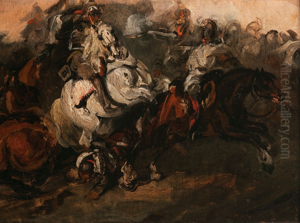 Potyczka kirasjerow Oil Painting by Piotr Michalowski