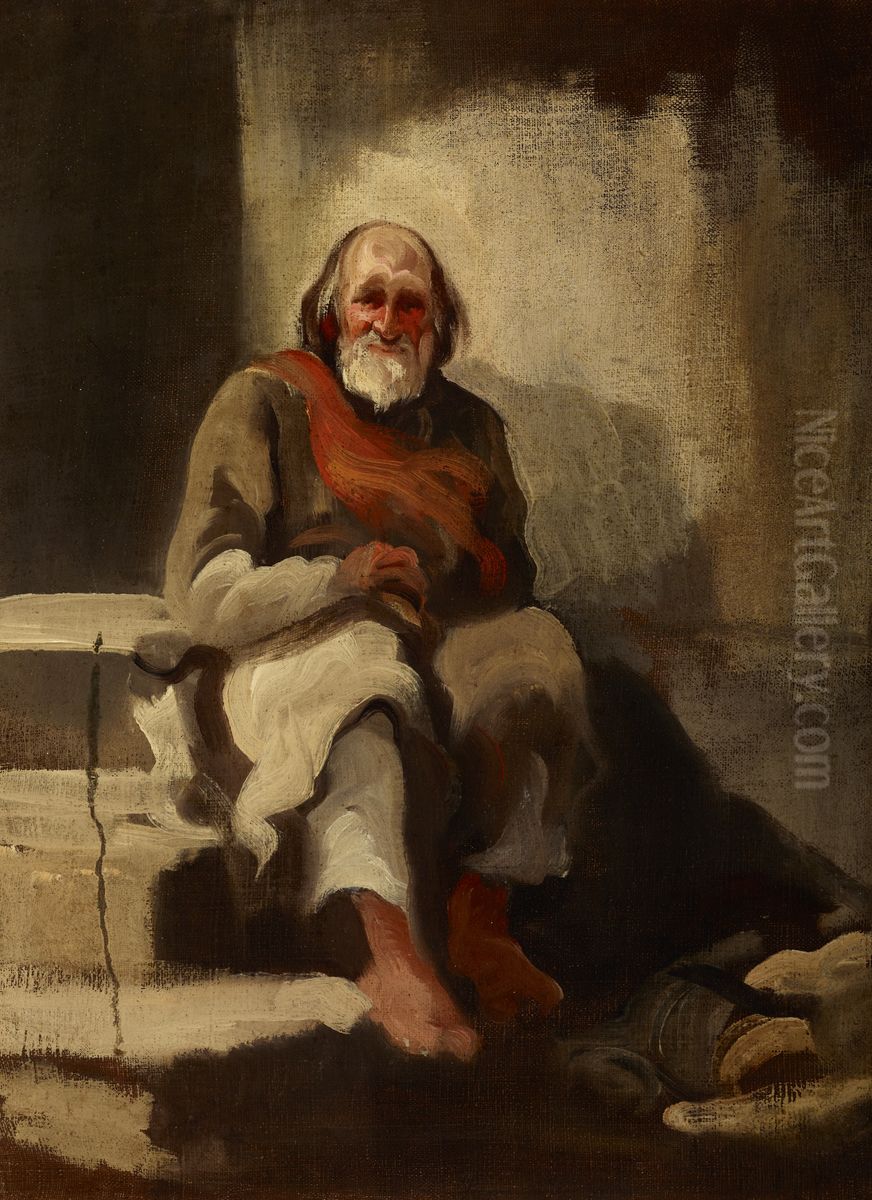 Study of an Old Man Sitting on the Stairs Oil Painting by Piotr Michalowski