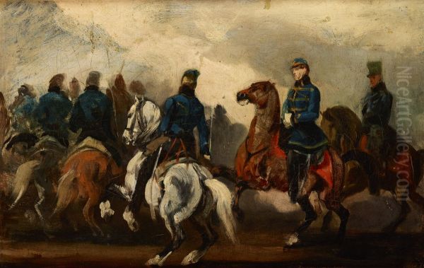 Detachment of Austrian Hussars Oil Painting by Piotr Michalowski