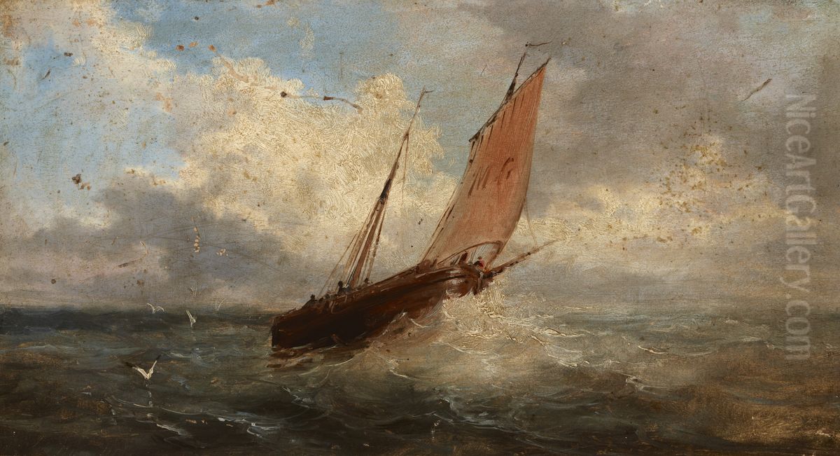 View of the Sea - Boat at the Sea Oil Painting by Jules Louis Phillipe Coignet