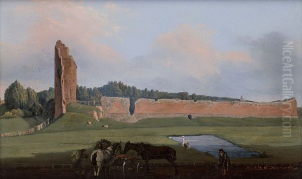 Ruiny zamku Miedniki Oil Painting by Wincenty Dmochowski