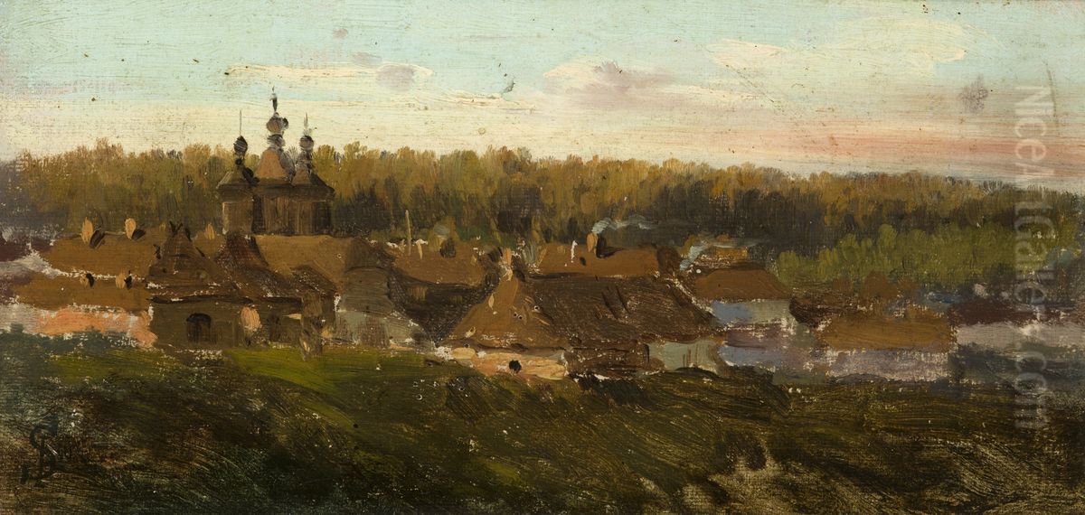Volhynian Village Oil Painting by Jozef Szermentowski