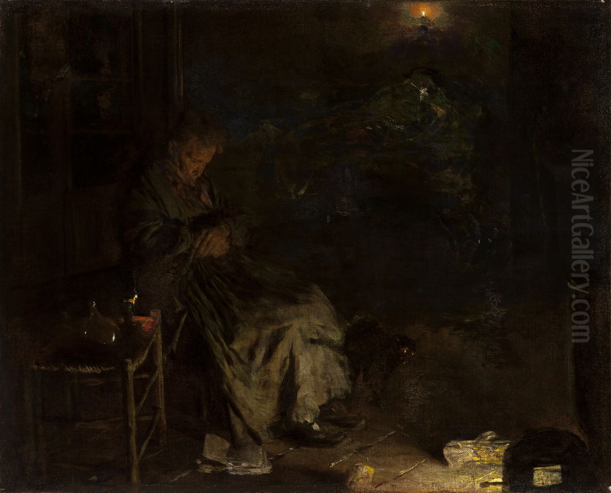 Old Woman Watching over a Dead Body I Oil Painting by Aleksander Gierymski