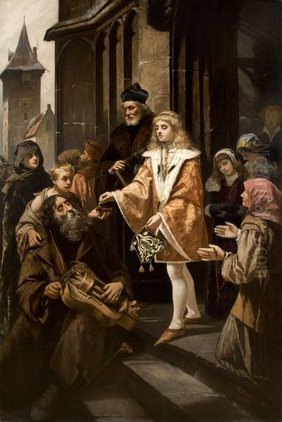 Saint Casimir Giving Alms Oil Painting by Kazimierz Mirecki