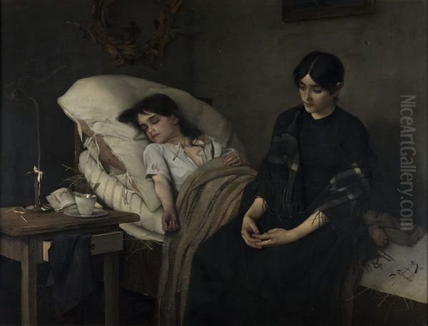 Death of an Orphant Oil Painting by Stanislaw Grocholski