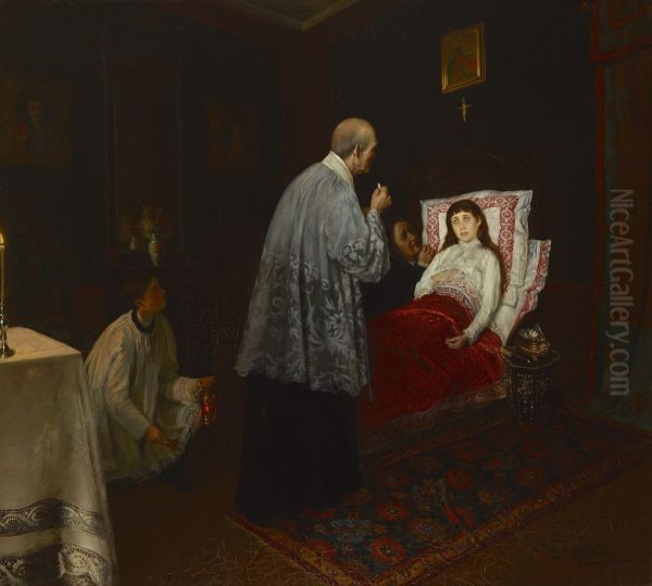 Communion of a Sick Woman Oil Painting by Wincenty Trojanowski