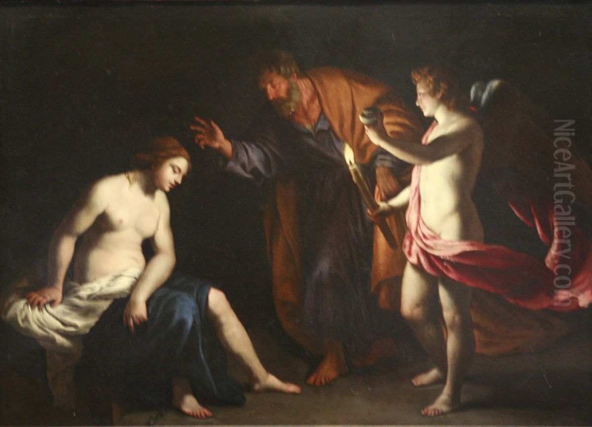 Saint Pierre, conduit par un ange, visite sainte Agathe dans sa prison Oil Painting by Alessandro Turchi