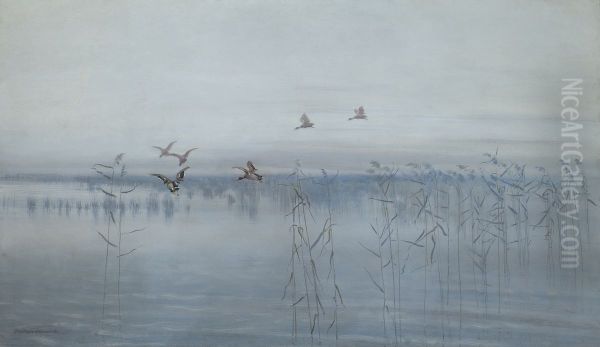 Ducks over Swamps Oil Painting by Stanislaw Maslowski