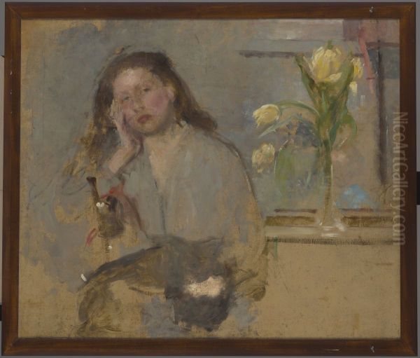 Portrait Sketch of a Young Girl - two-sided painting Oil Painting by Olga Boznanska