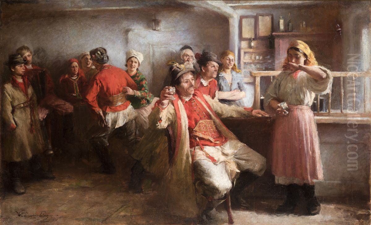 Courtship Oil Painting by Wlodzimierz Tetmajer