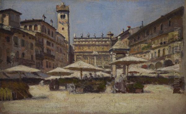 Piazza delle Erbe in Verona Oil Painting by Aleksander Gierymski