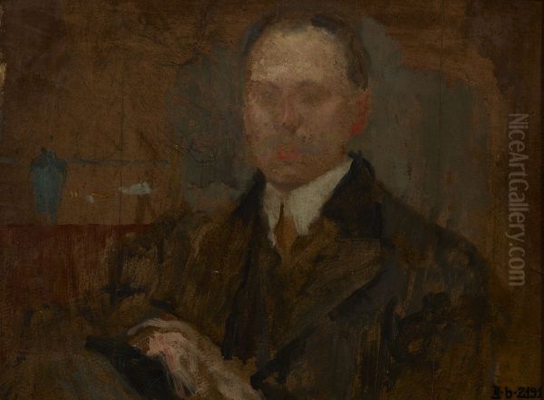 View from the Studio's Window / Sketch for a Male Portrait - two-sided painting Oil Painting by Olga Boznanska