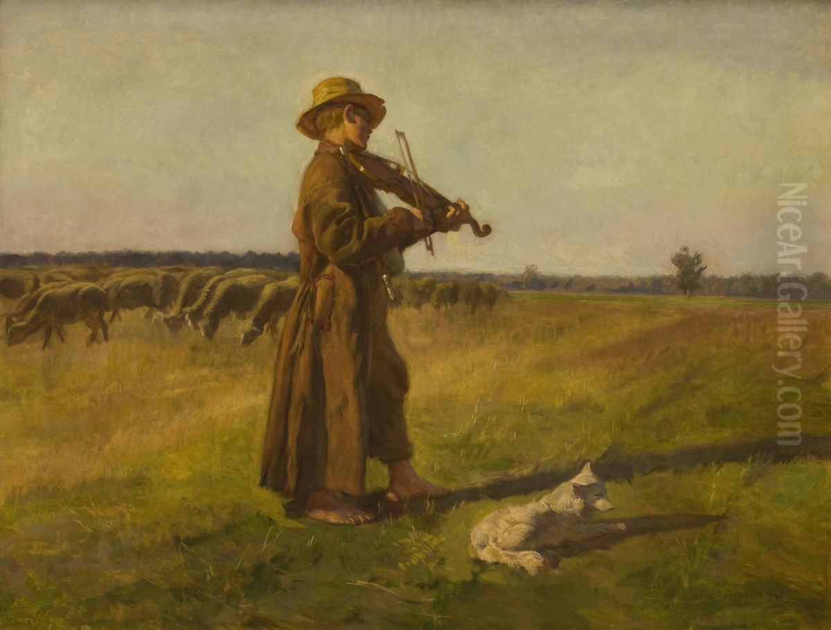 Cowherd Oil Painting by Jozef Chelmonski