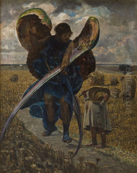 Za aniolem (czesc srodkowa tryptyku) Oil Painting by Jacek Malczewski