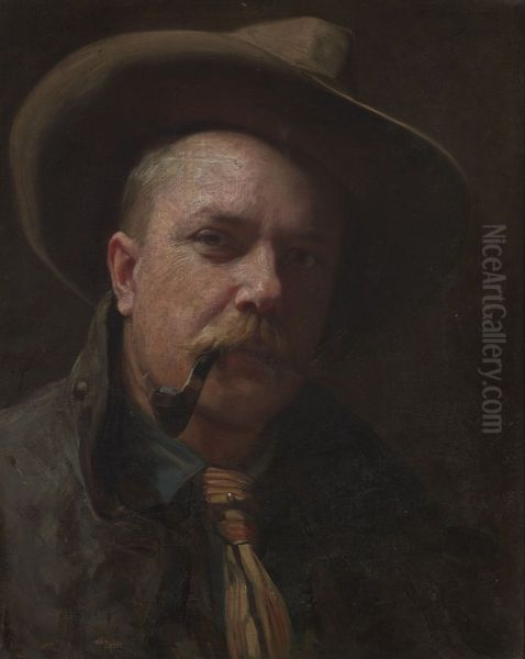Self-Portrait in a Hat Oil Painting by Damazy Kotowski